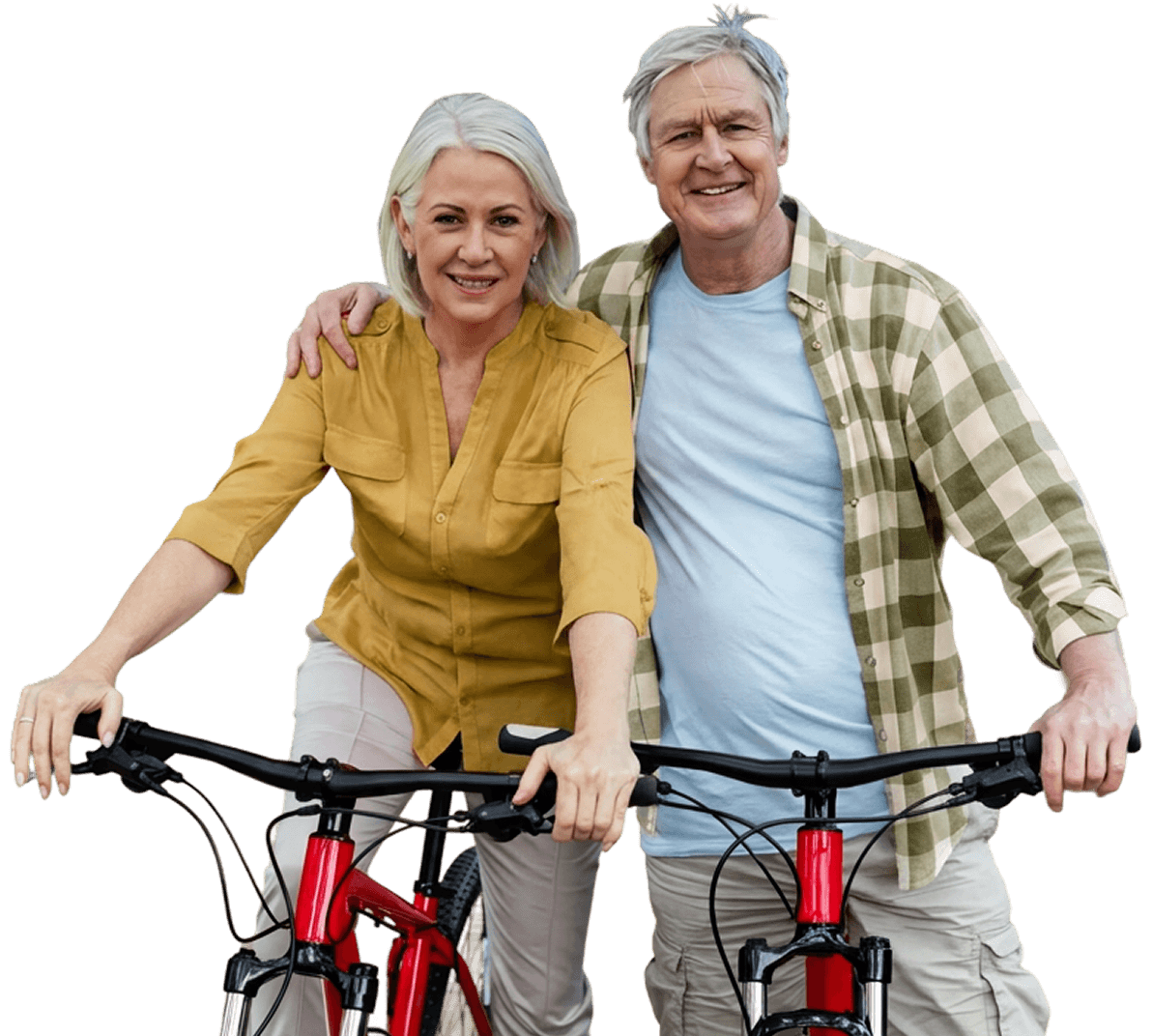 Elderly Couple Riding Bikes for Active Independent Living Community Elderly Couple Riding Bikes for Active Independent Living Community