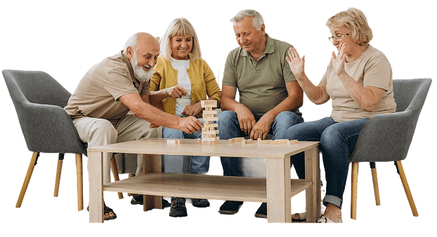 Elderly Friends Playing Wooden Block Game in Independent Living Community Elderly Friends Playing Wooden Block Game in Independent Living Community